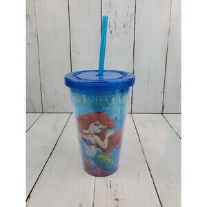 RARE Disney Store Little Mermaid Tumbler Cup with Straw Ariel Blue